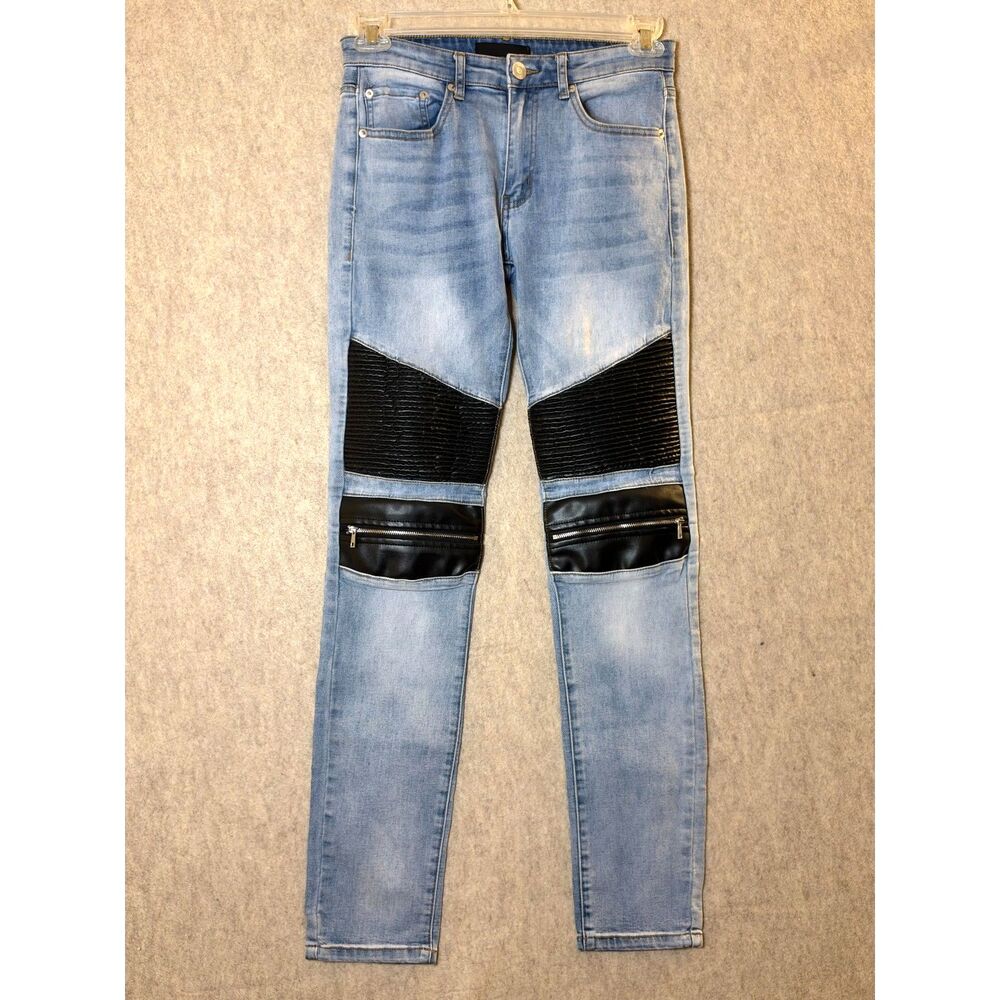 Forever 21 Men’s 29 Moto Biker Jeans Light Wash Ribbed Knee Faux Leather